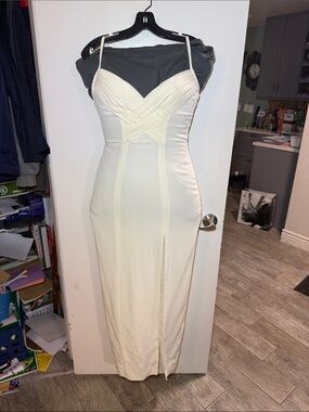 Niteline Cream Strapless Midi Dress with Front Slit